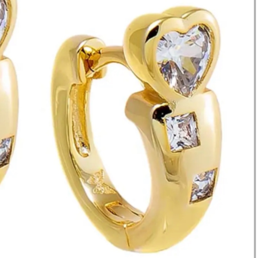 Adina Eden Small Huggies Gold Heart bezel CZ Earrings NEW - Picture 2 of 3